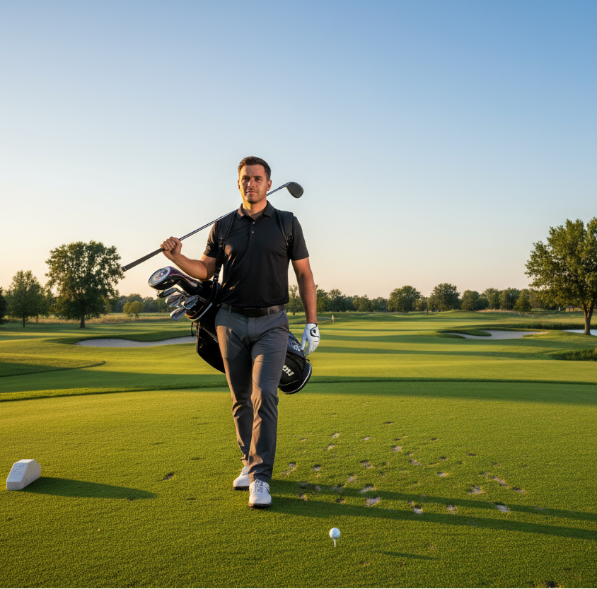 golfer in black polo walking to tee off