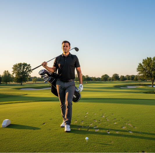 golfer in black polo walking to tee off